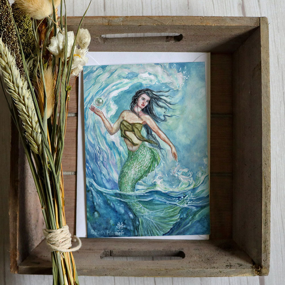 Blue and Green watercoler art Water Mother Goddess mermaid greeting card on rustic wood box with dried flowers