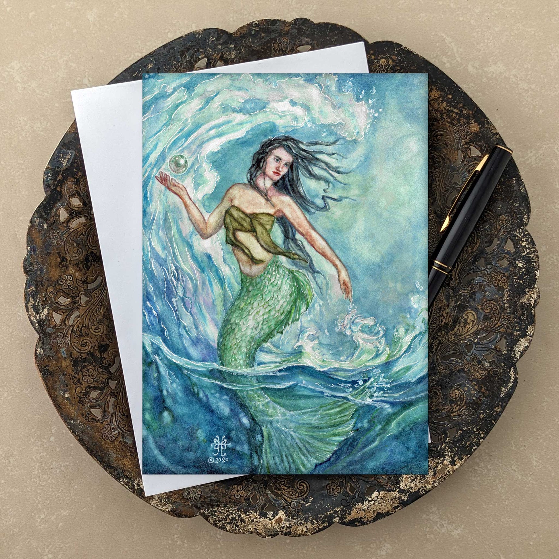 Water mother goddess art greeting card 5x7 with envelope on rustic antique tray with black pen