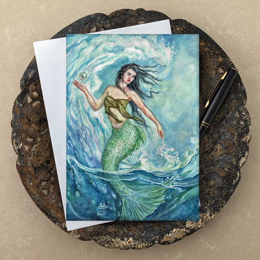 Water mother goddess art greeting card 5x7 with envelope on rustic antique tray with black pen