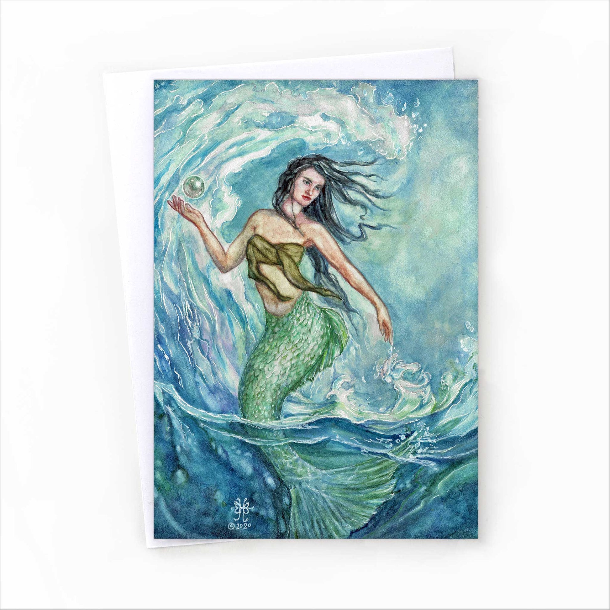 Blue and Green mermaid Water mother goddess art greeting card 5x7 inch and white envelope