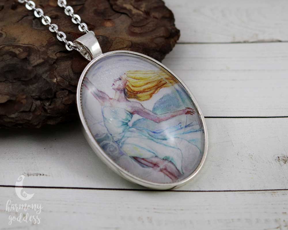 Air Mother Goddess Drop Pendant with Silver Bezel and Chain 