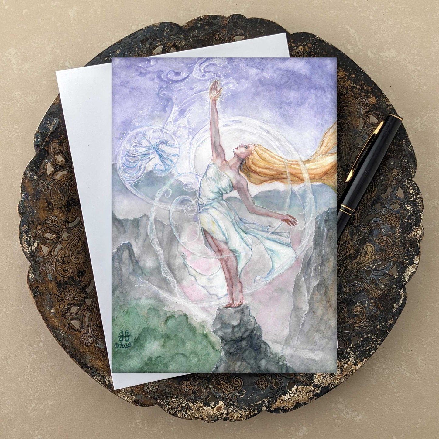 Air mother goddess art greeting card 5x7 with envelope on antique tray with black pen