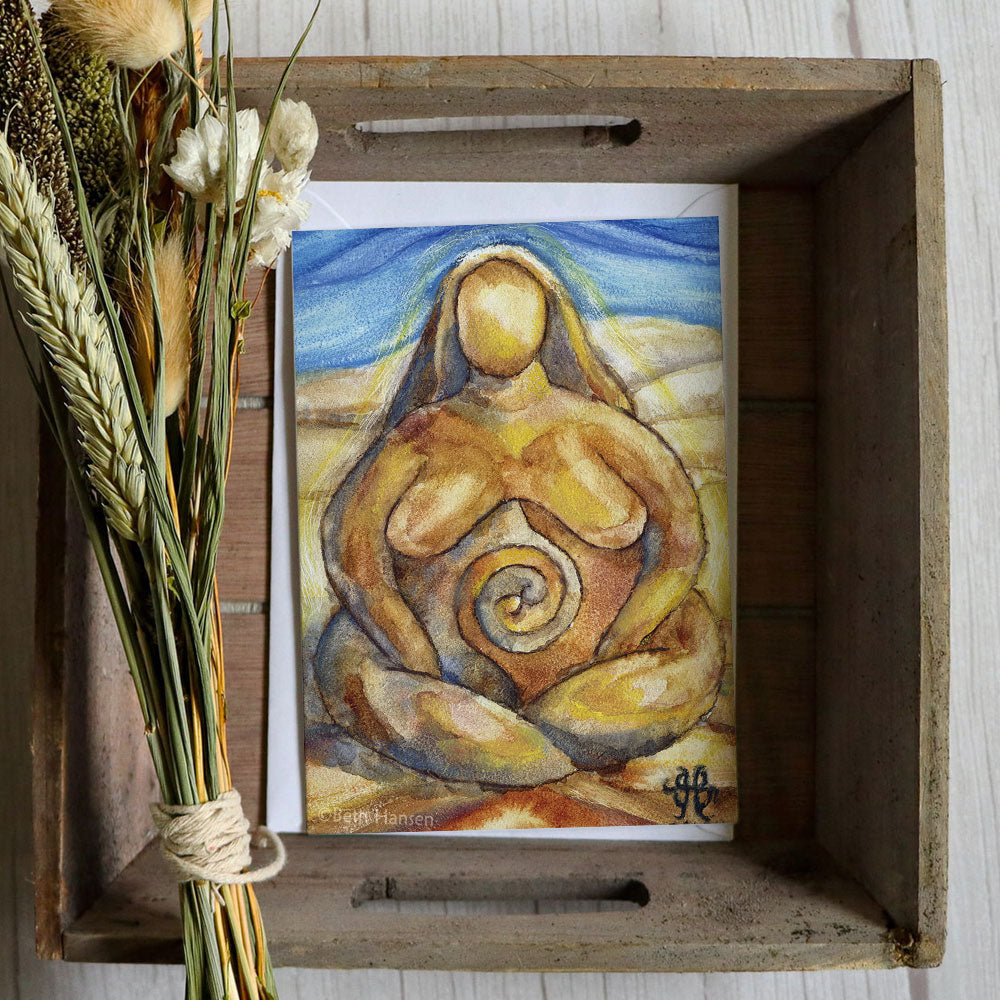 Earth Goddess greeting card art in shades of terracotta and blue