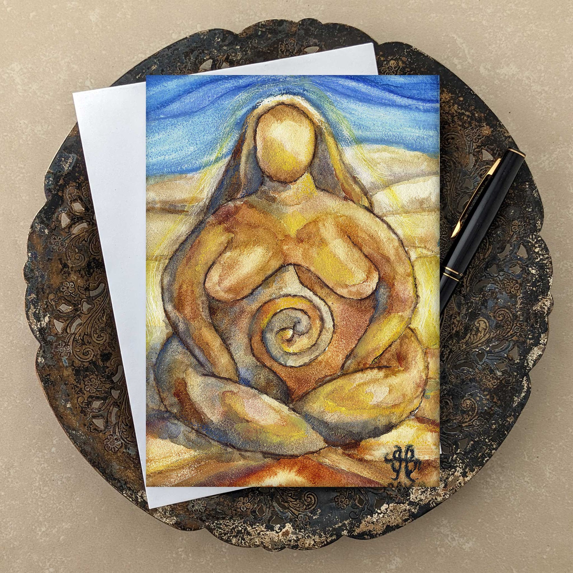 Earth Goddess greeting card art in shades of terracotta and blue