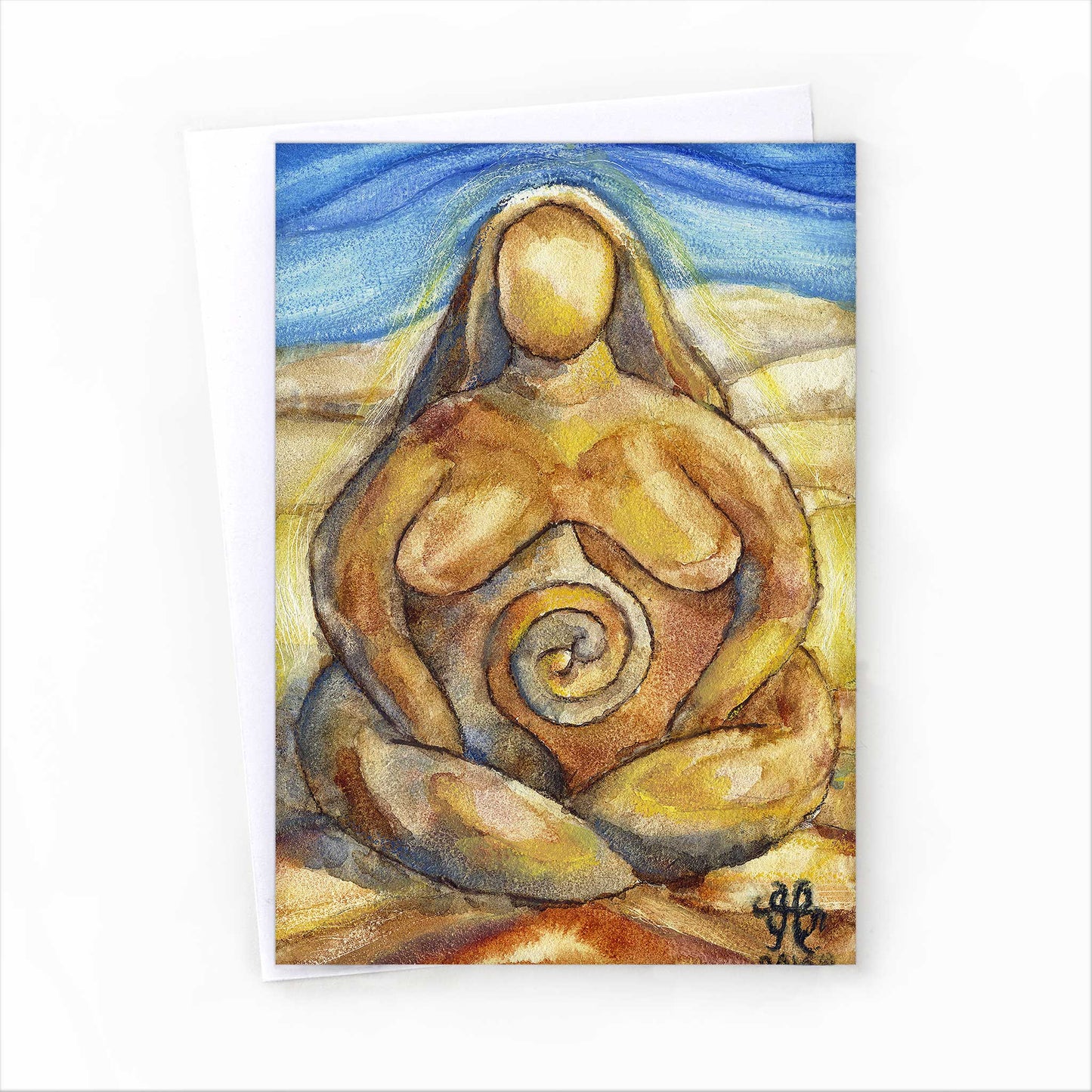 Earth Goddess greeting card art in shades of terracotta and blue