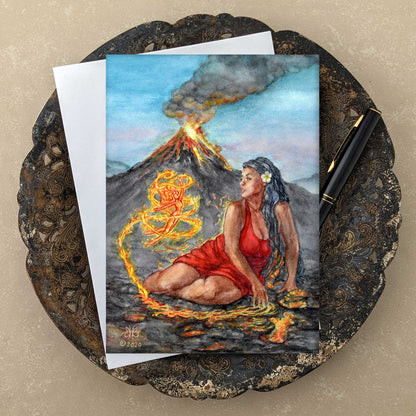 fire mother goddess Pele art greeting card 5x7 with envelope on antique tray with black pen