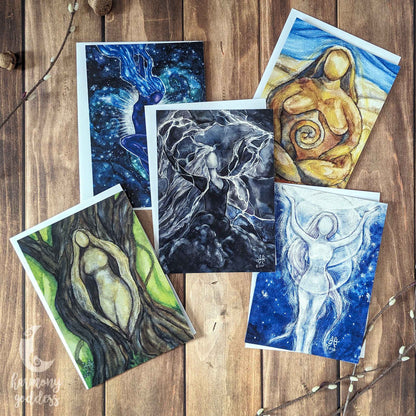 5 nature goddess art greeting cards on wooden table