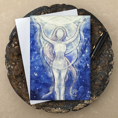 Visionary art blue night sky with white Moon Goddess Greeting Card and envelope on antique tray with black pen