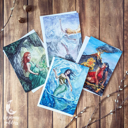 Earth Air Fire  and Water mother goddess art greeting card set of four 5x7 with envelope on rustic wooden background harmony goddess moon logo watermark