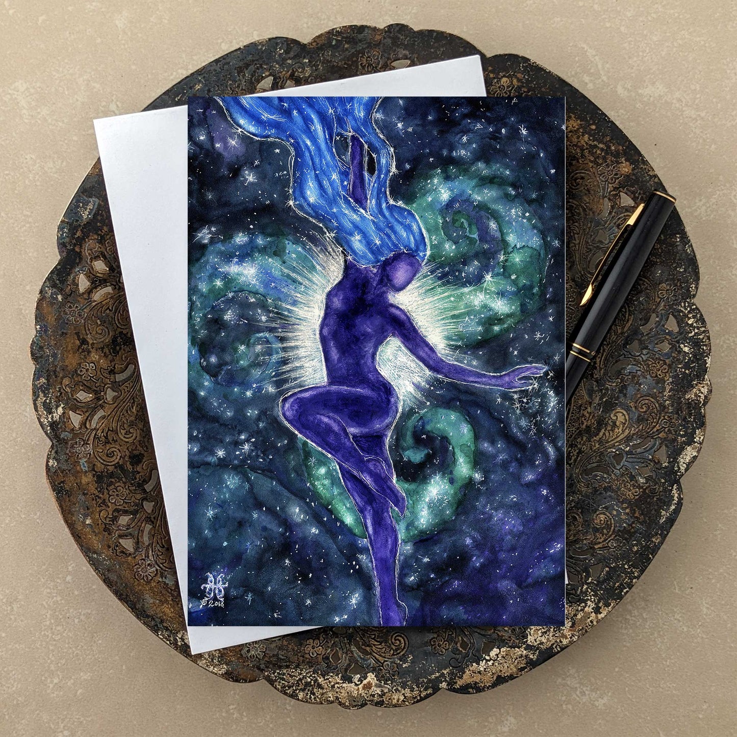 star goddess galaxy art card on antique tray with envelope and pen