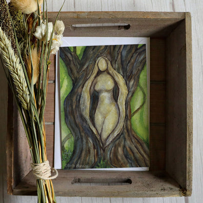 Tree Goddess Greeting Card with white envelope in rustic wood tray and dried herb bundle