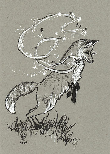 black and white drawing of fox with magic wand and sparkles trailing behind